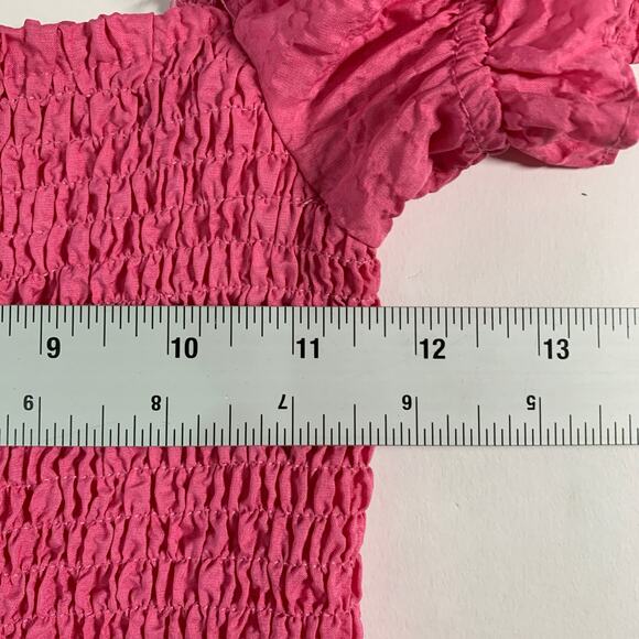 Zara XS NEW Sink Elastic Smocked Fabric Mini Dress Puff Sleeves Flounced Hem - Picture 7 of 10